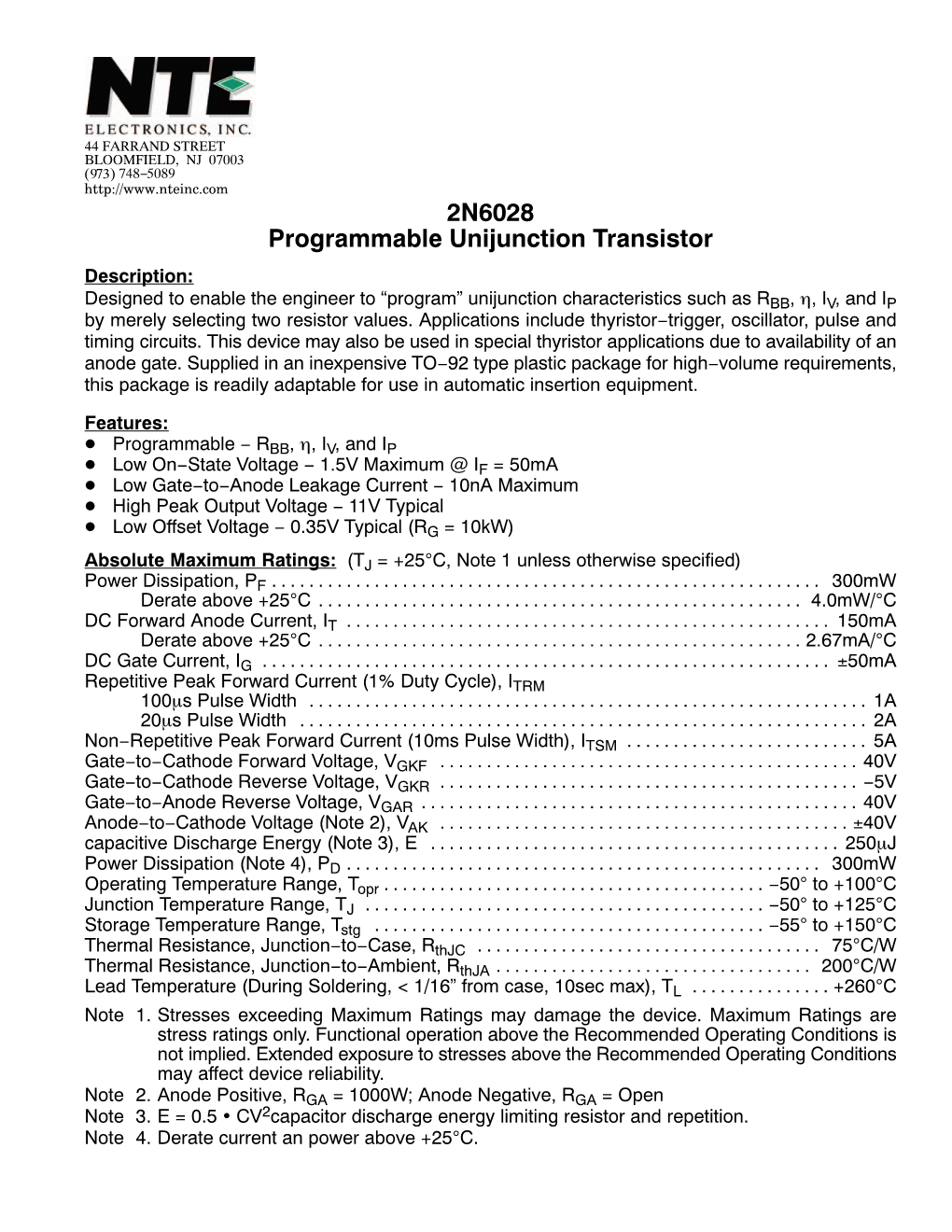 2N6028 Programmable Unijunction Transistor