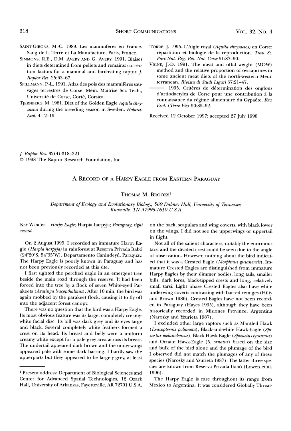 A Record of a Harpy Eagle from Eastern Paraguay