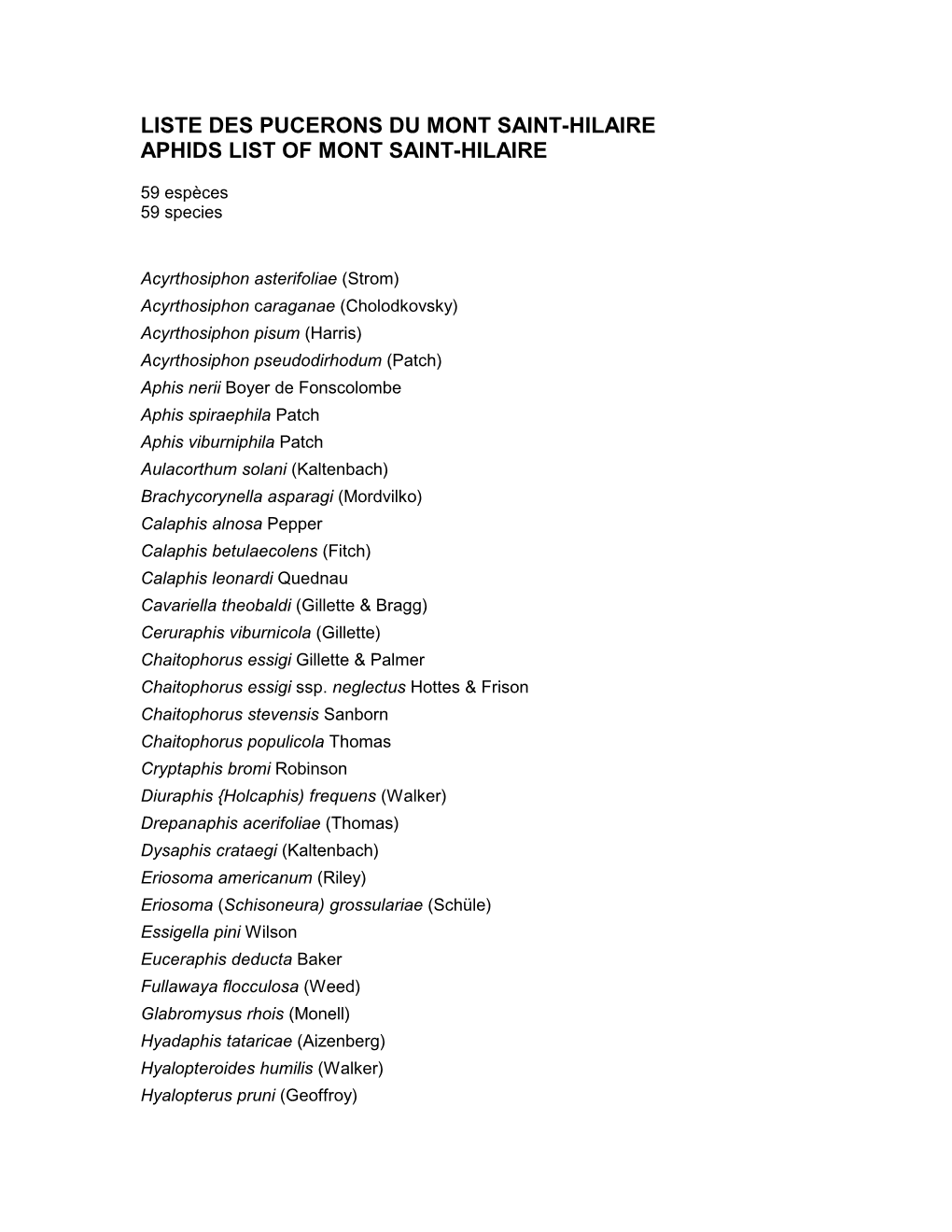 Liste Des Pucerons Du Mont Saint-Hilaire Aphids List of Mont Saint-Hilaire