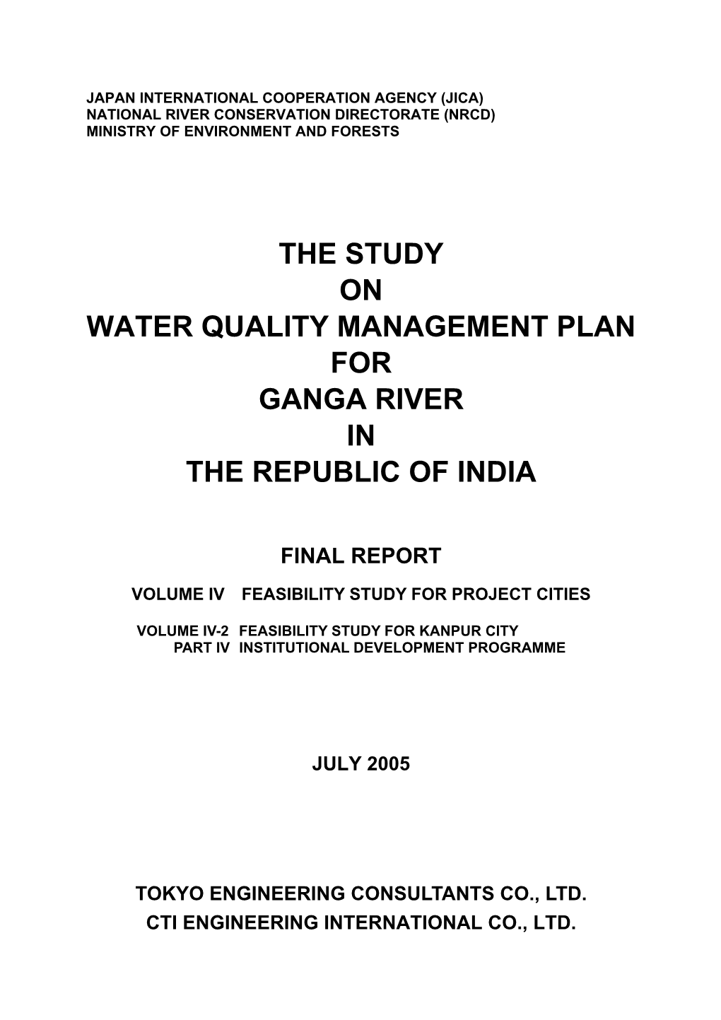 The Study on Water Quality Management Plan for Ganga River in the Republic of India