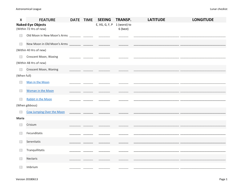 FEATURE DATE TIME SEEING TRANSP. LATITUDE LONGITUDE Naked-Eye Objects E, VG, G, F, P 1 (Worst) to (Within 72 Hrs of New) 6 (Best)