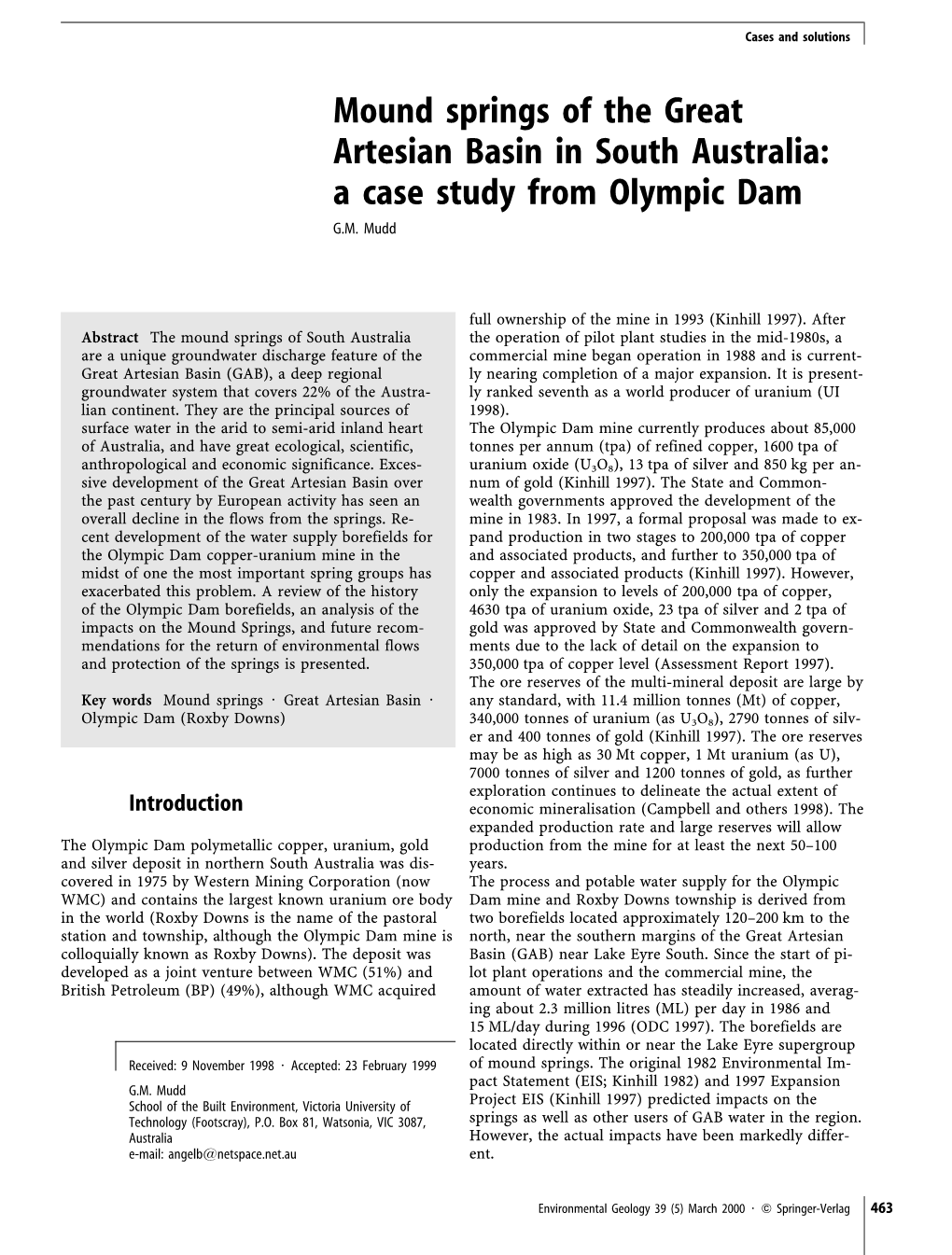 Mound Springs of the Great Artesian Basin in South Australia: a Case Study from Olympic Dam G.M
