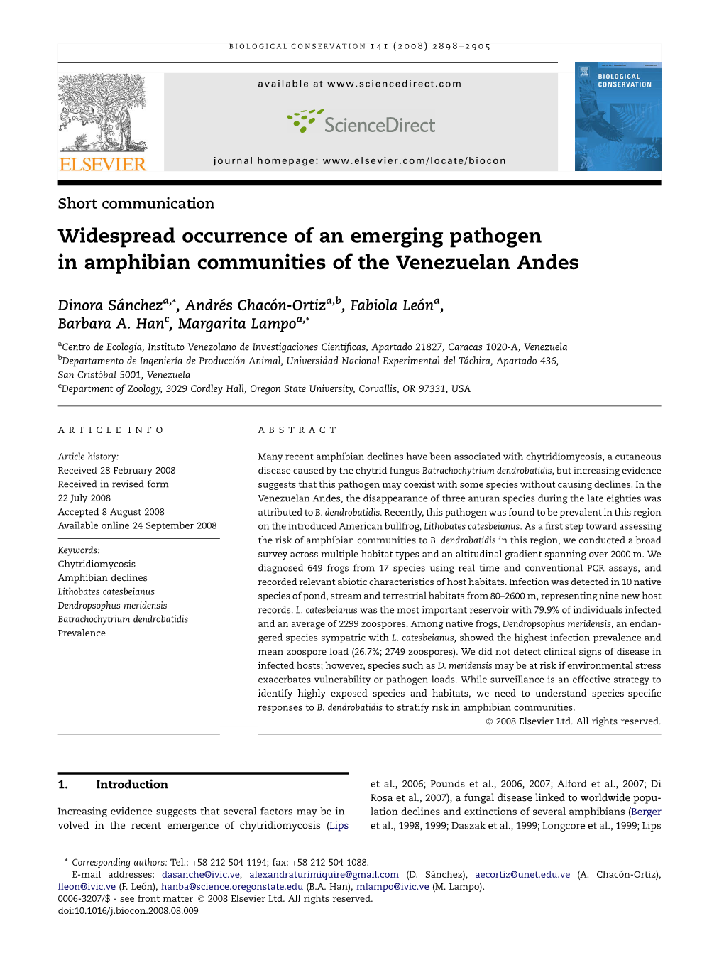 Widespread Occurrence of an Emerging Pathogen in Amphibian Communities of the Venezuelan Andes