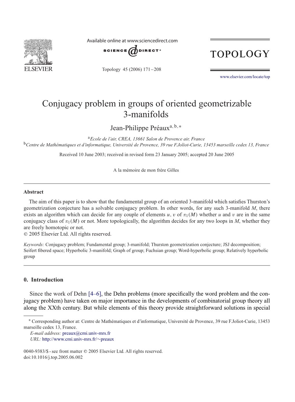 Conjugacy Problem in Groups of Oriented Geometrizable 3-Manifolds Jean-Philippe Préauxa,B,∗