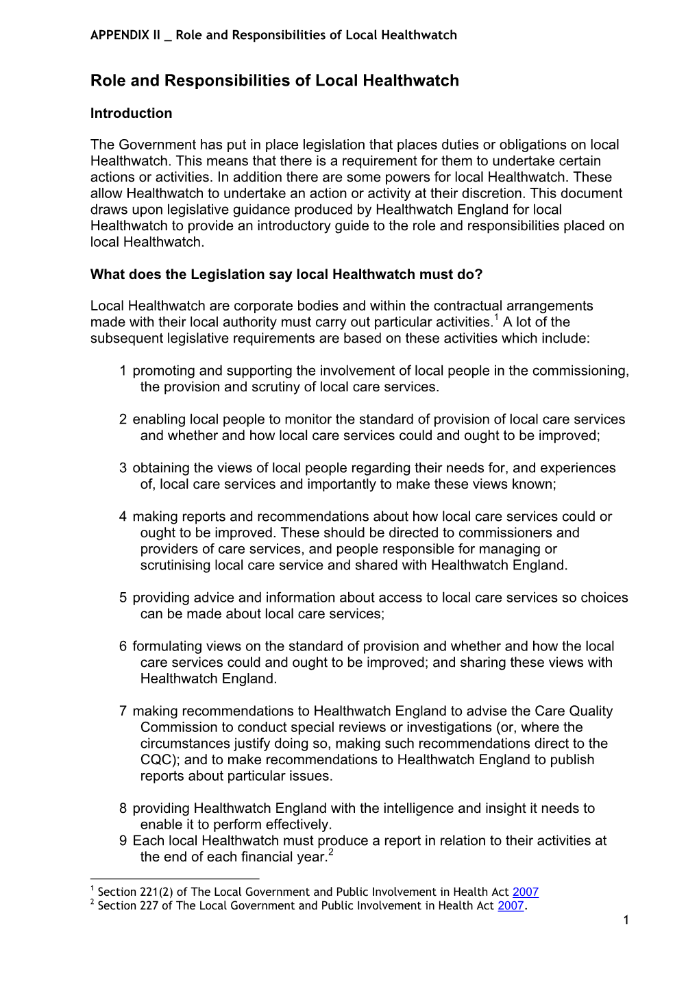 Role and Responsibilities of Local Healthwatch