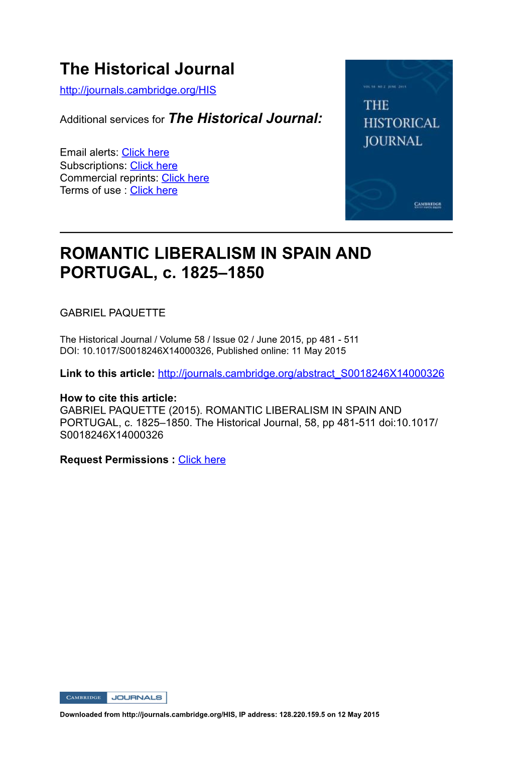 The Historical Journal ROMANTIC LIBERALISM in SPAIN and PORTUGAL, C. 1825–1850