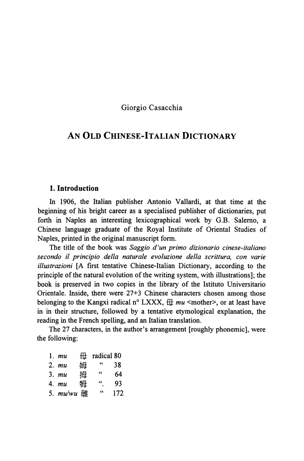 An Old Chinese-Italian Dictionary