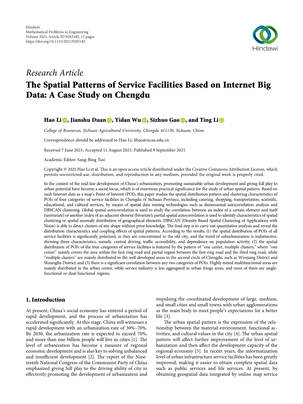 Research Article the Spatial Patterns of Service Facilities Based on Internet Big Data: a Case Study on Chengdu