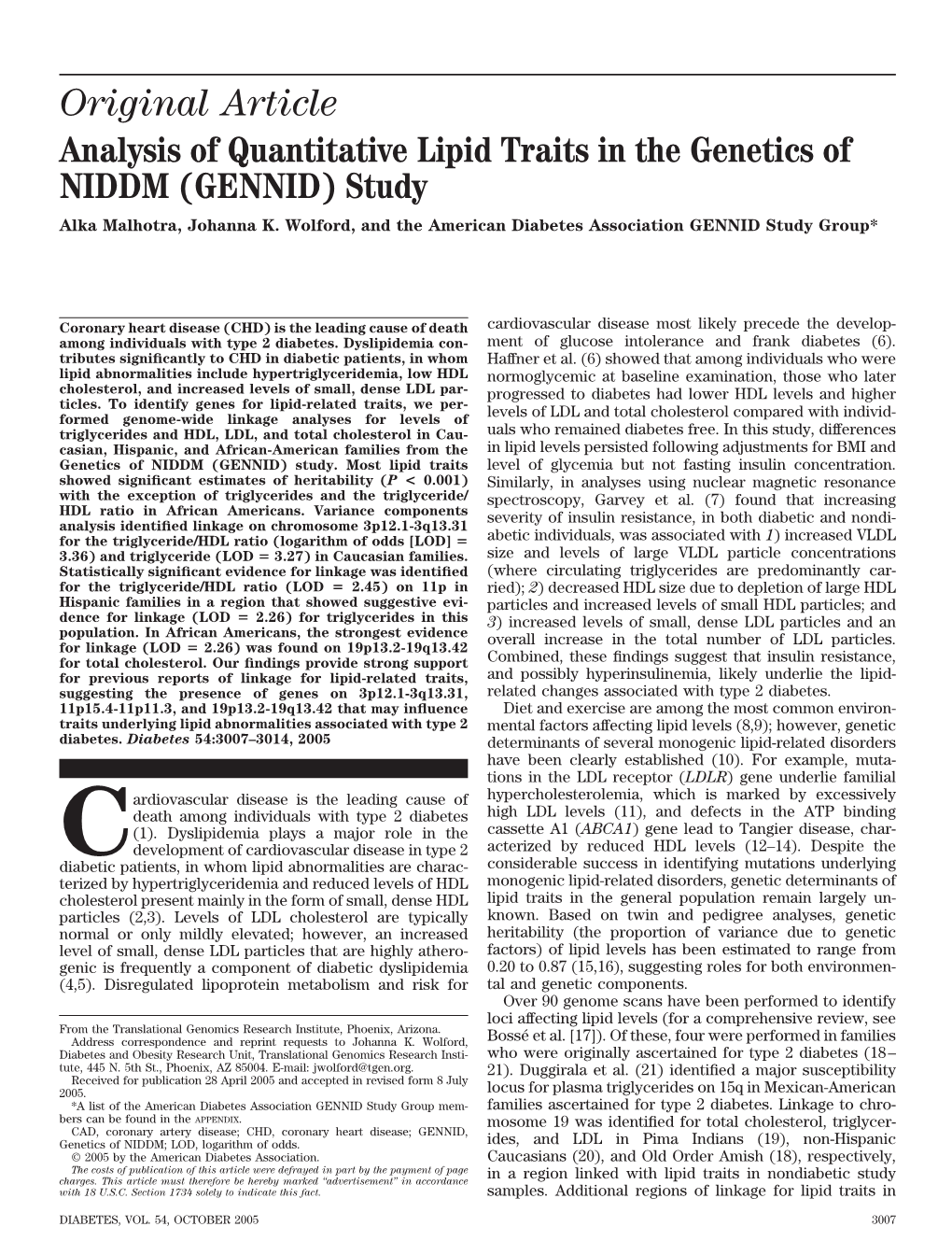 Original Article Analysis of Quantitative Lipid Traits in the Genetics of NIDDM (GENNID) Study Alka Malhotra, Johanna K