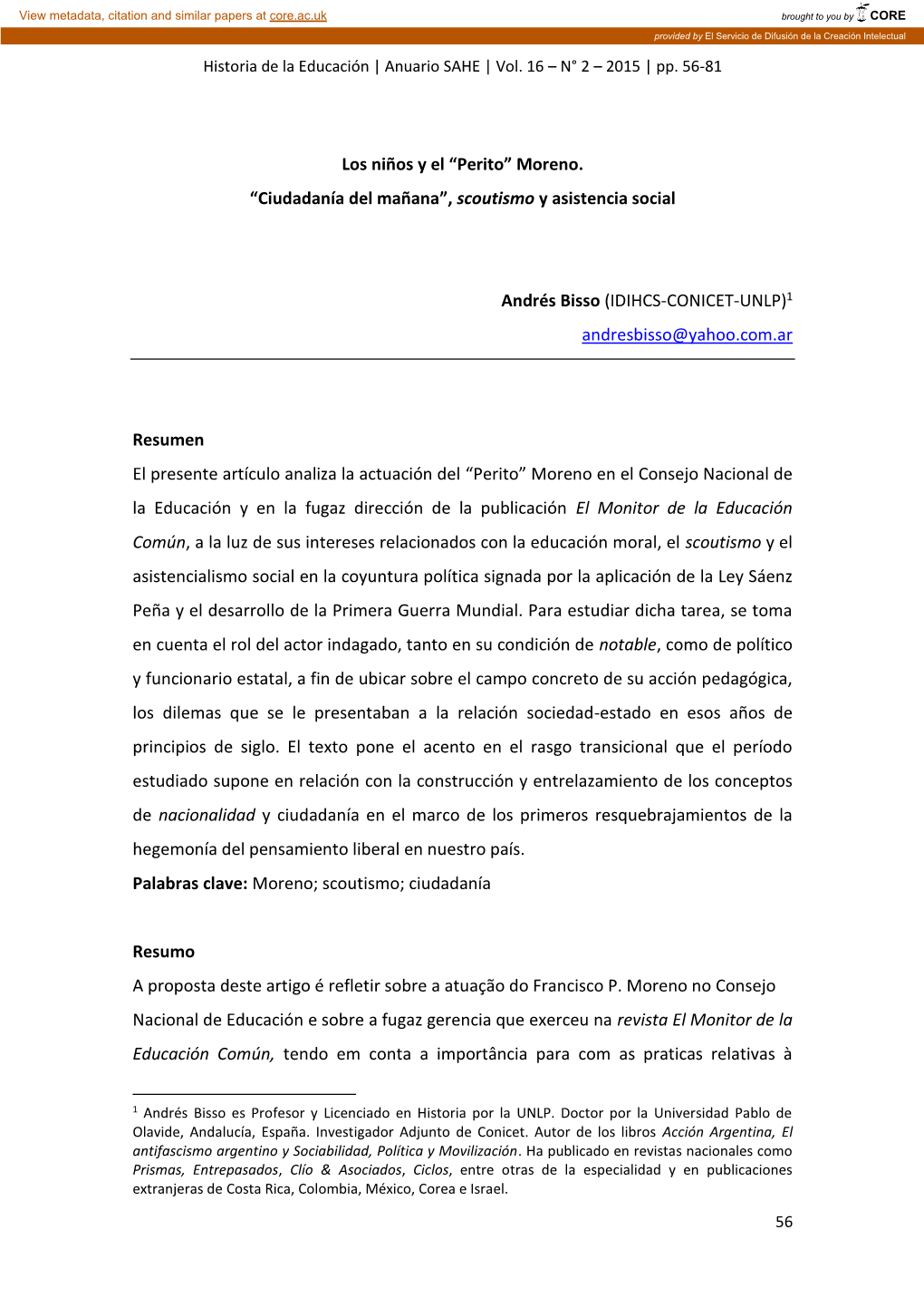 Los Niños Y El “Perito” Moreno. “Ciudadanía Del Mañana”, Scoutismo Y Asistencia Social