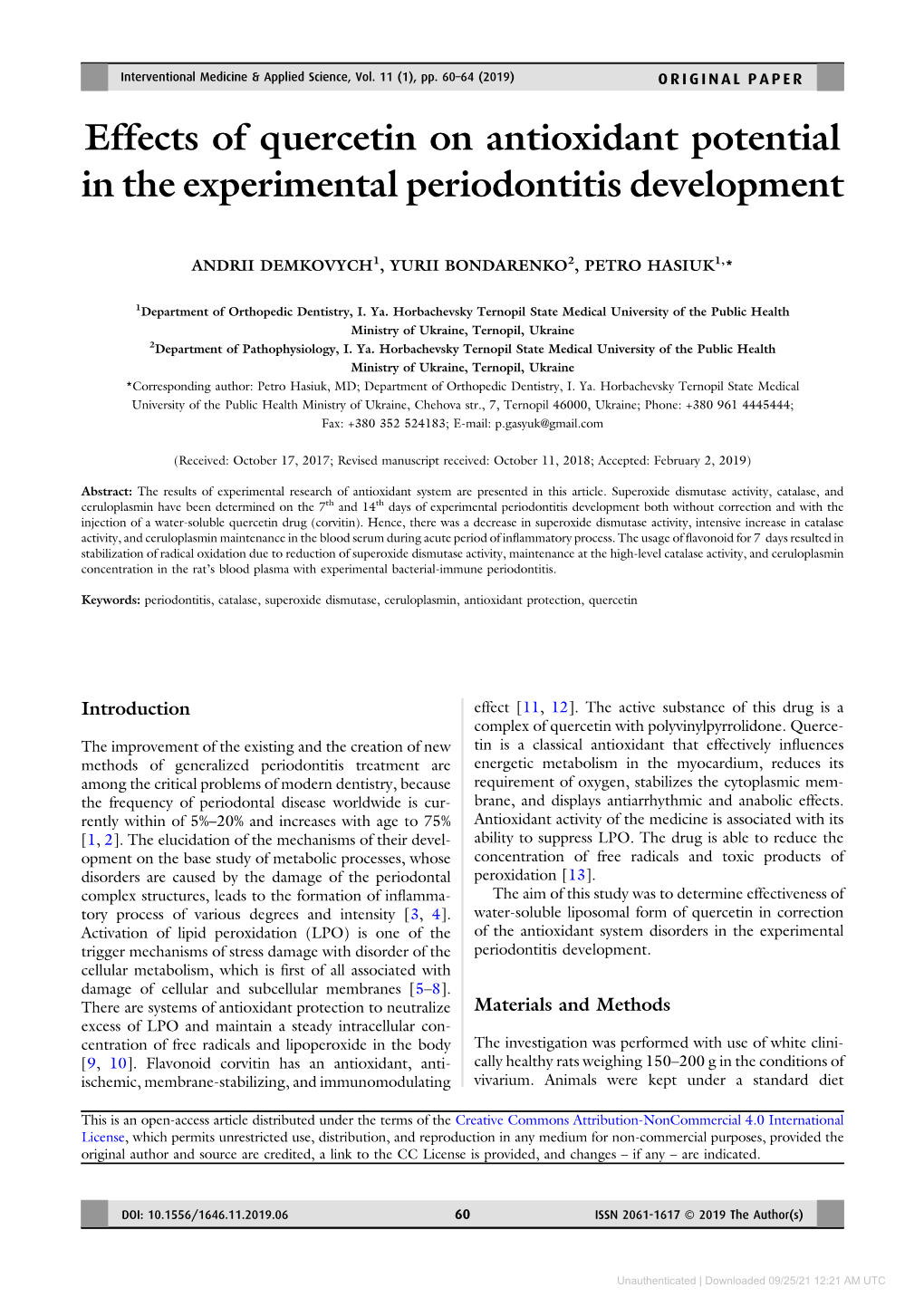 Effects of Quercetin on Antioxidant Potential in the Experimental Periodontitis Development