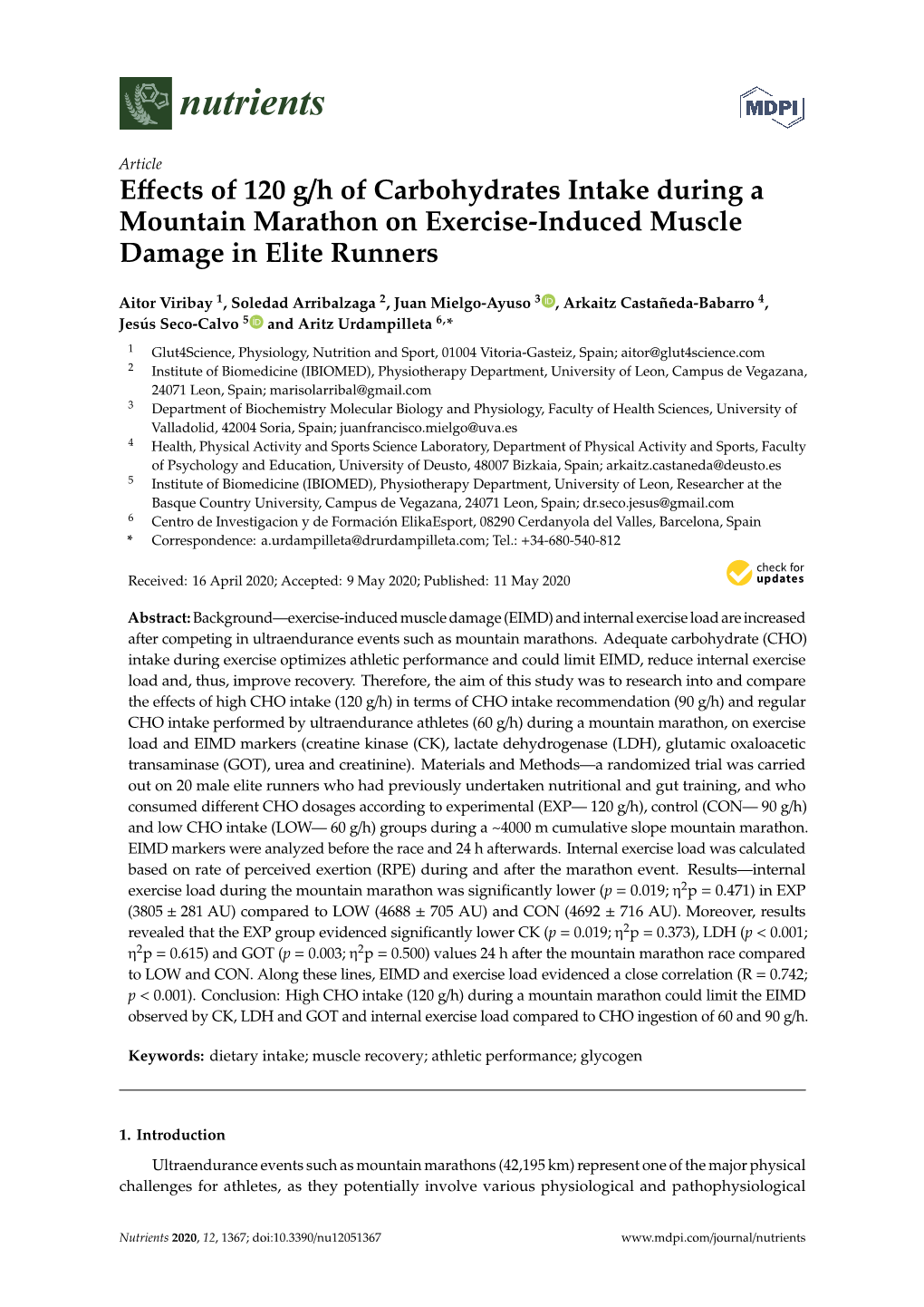 Effects of 120 G/H of Carbohydrates Intake During a Mountain Marathon on Exercise-Induced Muscle Damage in Elite Runners