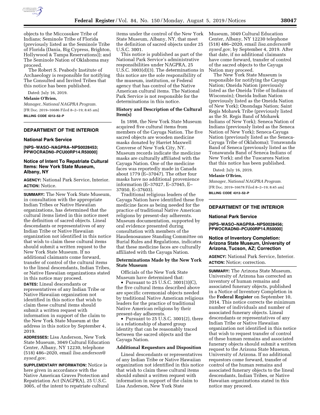 Federal Register/Vol. 84, No. 150/Monday, August 5, 2019/Notices