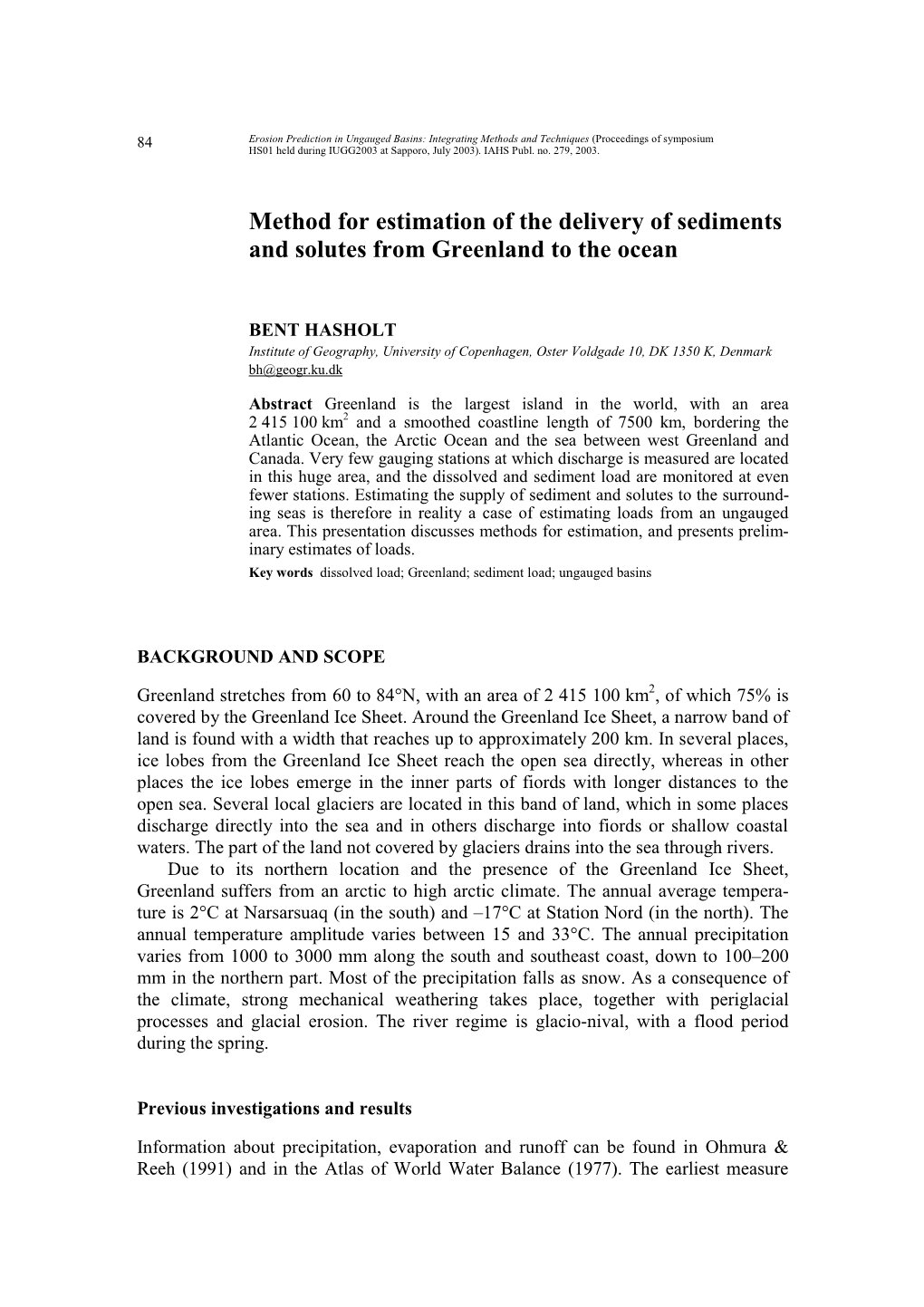 Method for Estimation of the Delivery of Sediments and Solutes from Greenland to the Ocean