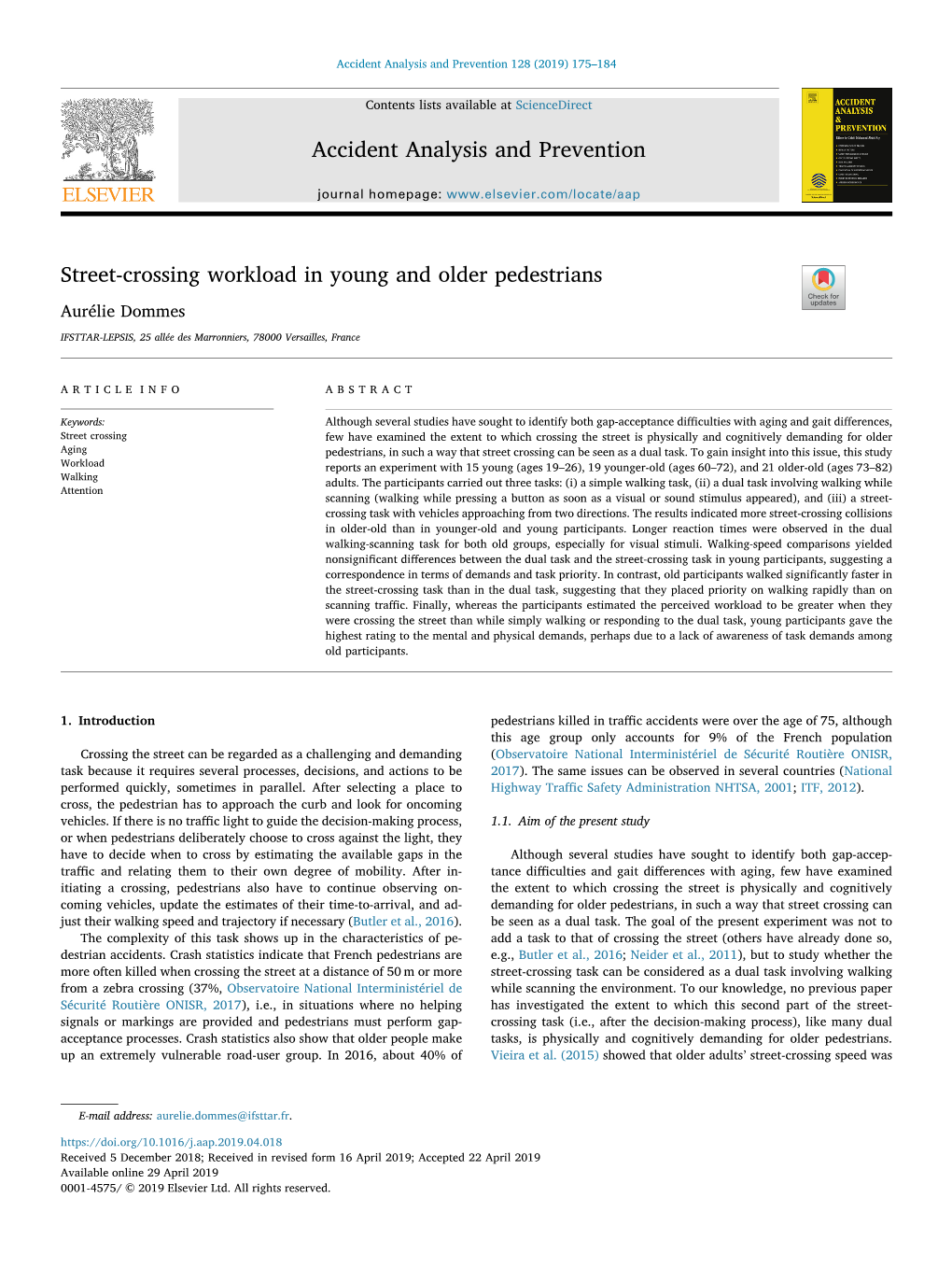 Street-Crossing Workload in Young and Older Pedestrians T Aurélie Dommes