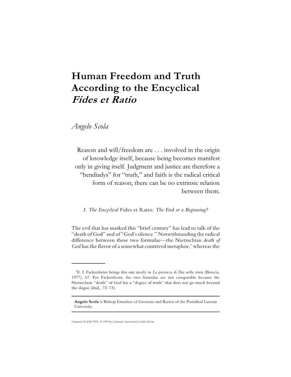 Human Freedom and Truth According to the Encyclical Fides Et Ratio