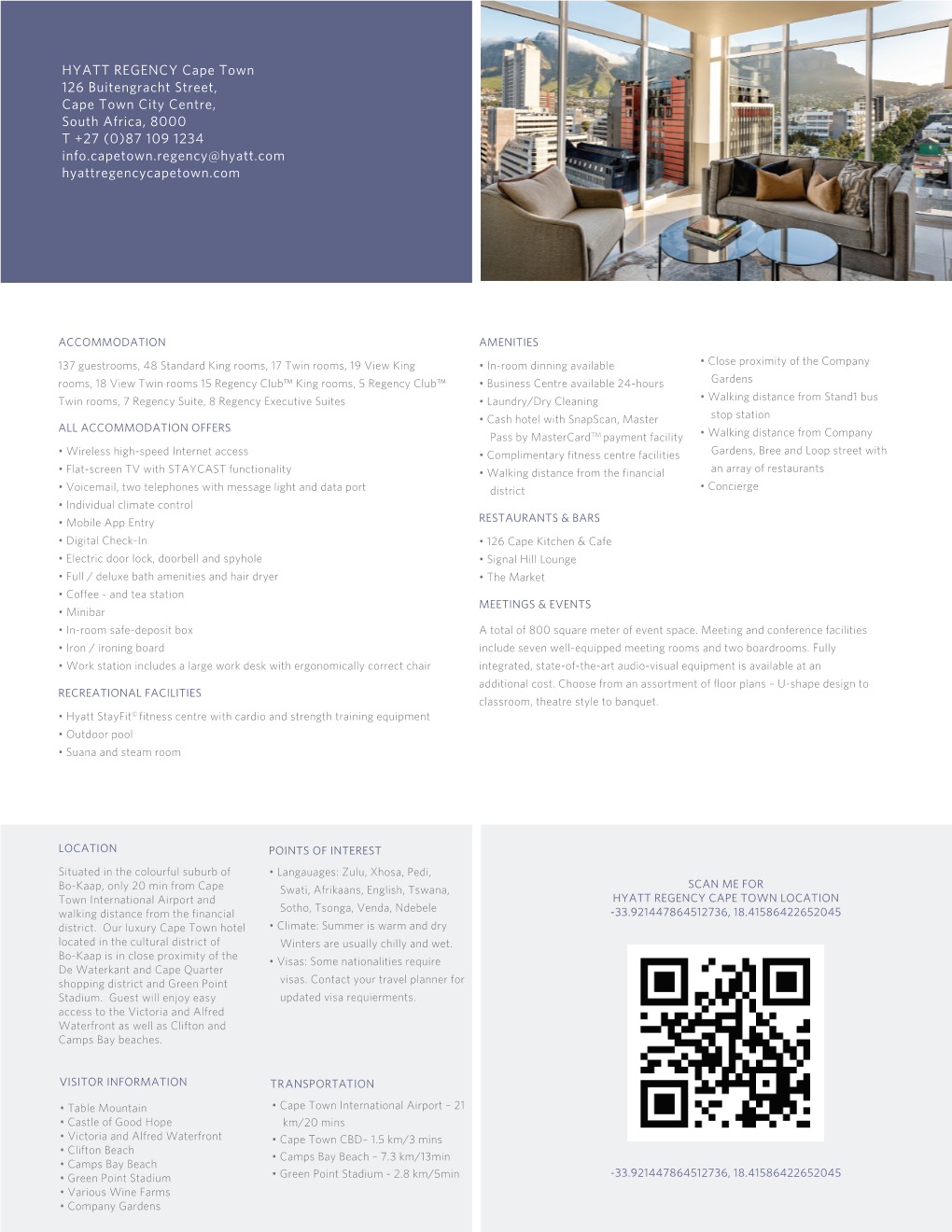 Hyatt Regency Cape Town Fact Sheet