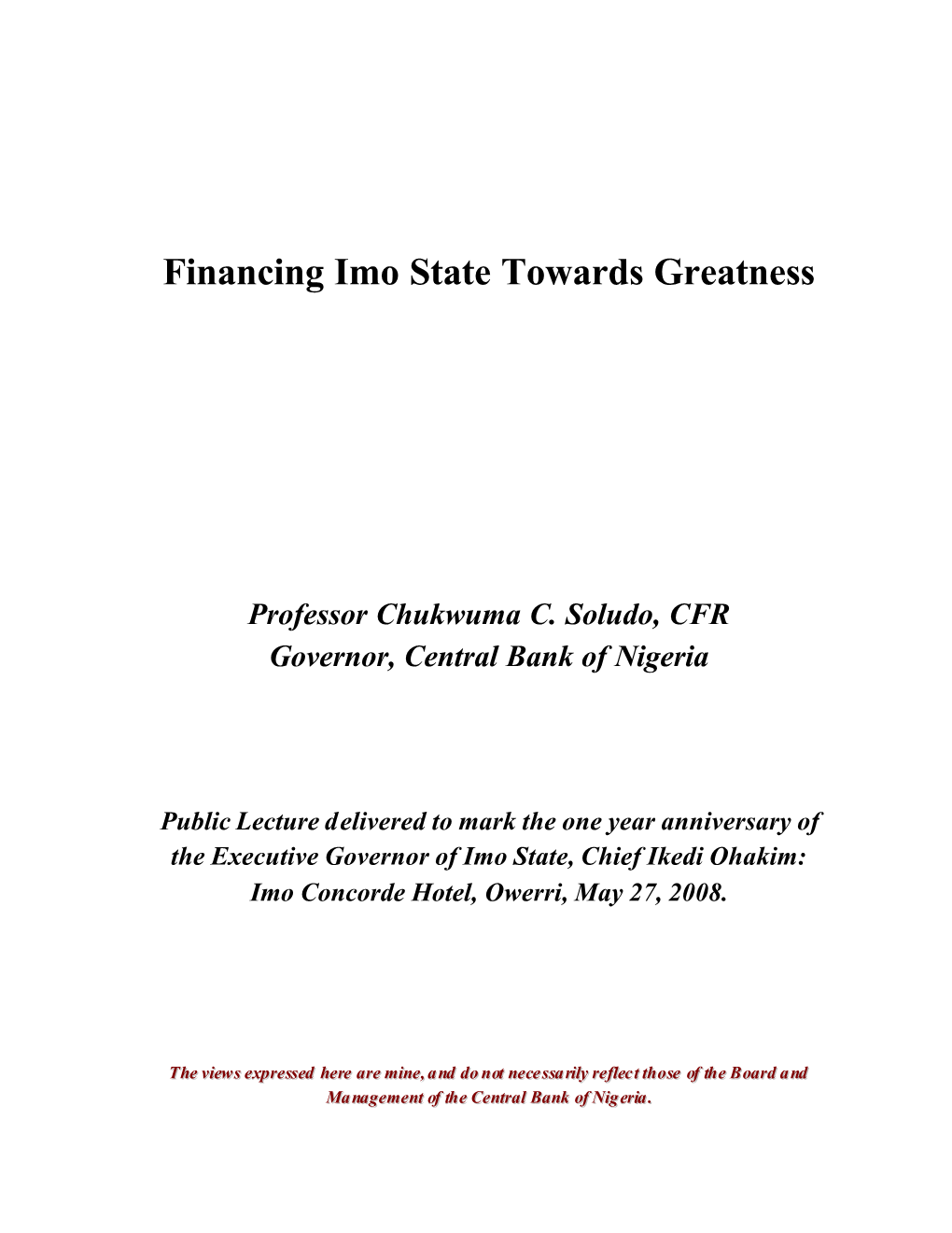 Financing Imo State Towards Greatness