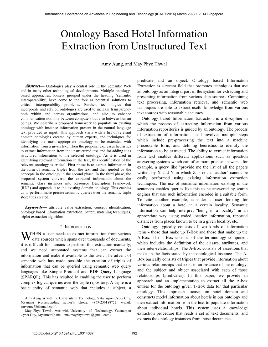 Ontology Based Hotel Information Extraction from Unstructured Text