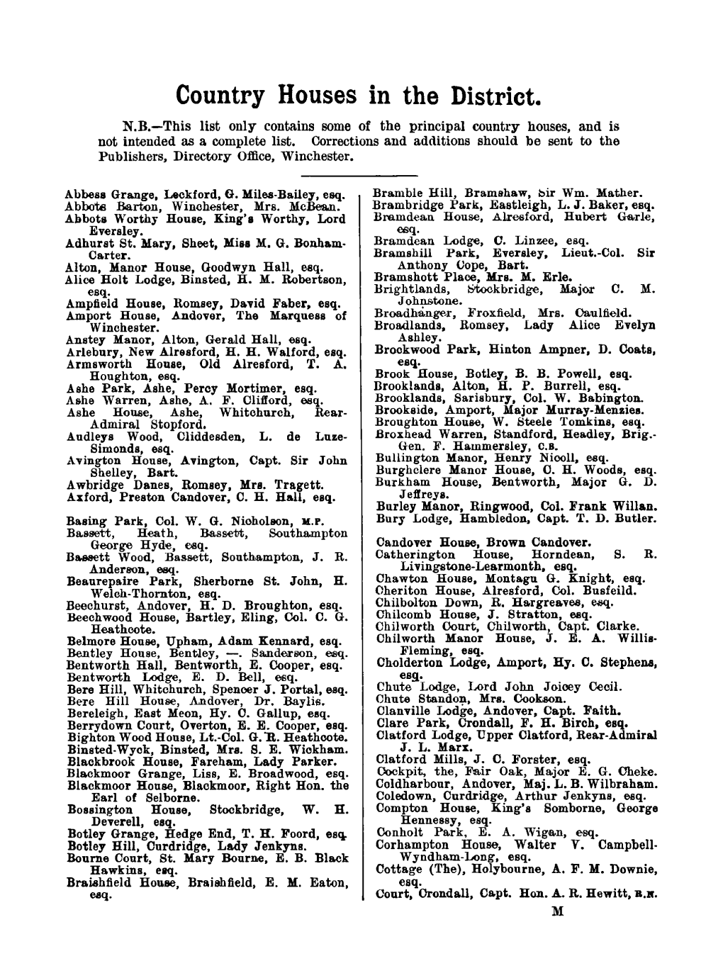 Country Houses in the District. N.B.-This List Only Contains Some of the Principal Country Houses, and Is Not Intended As a Complete List