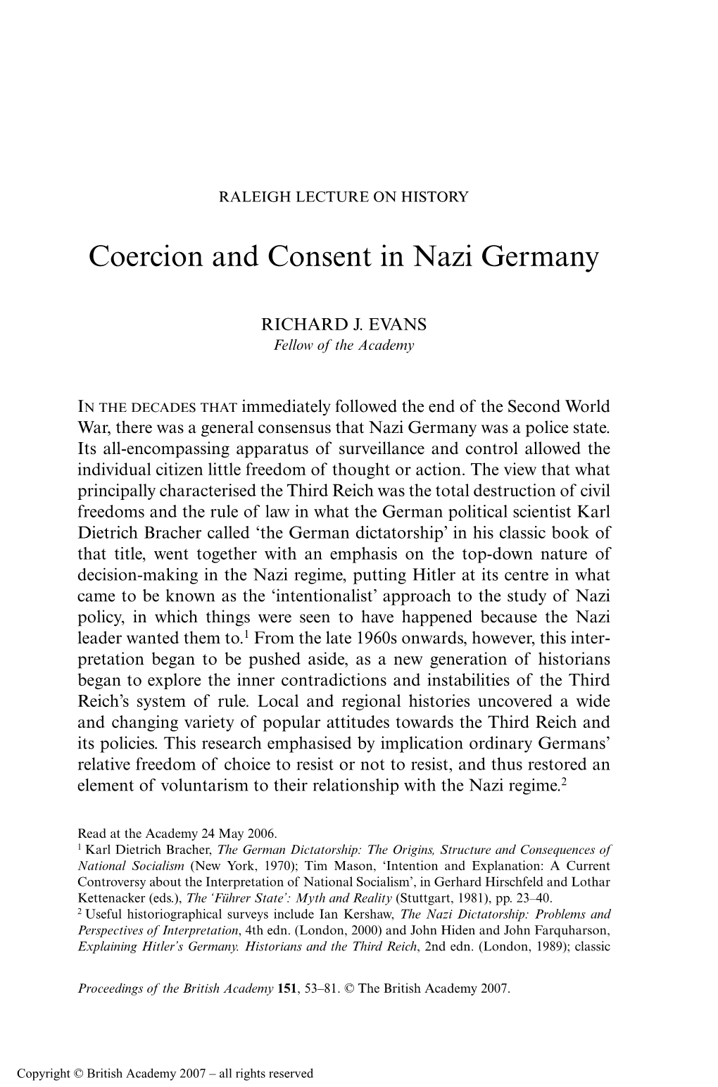 Coercion and Consent in Nazi Germany