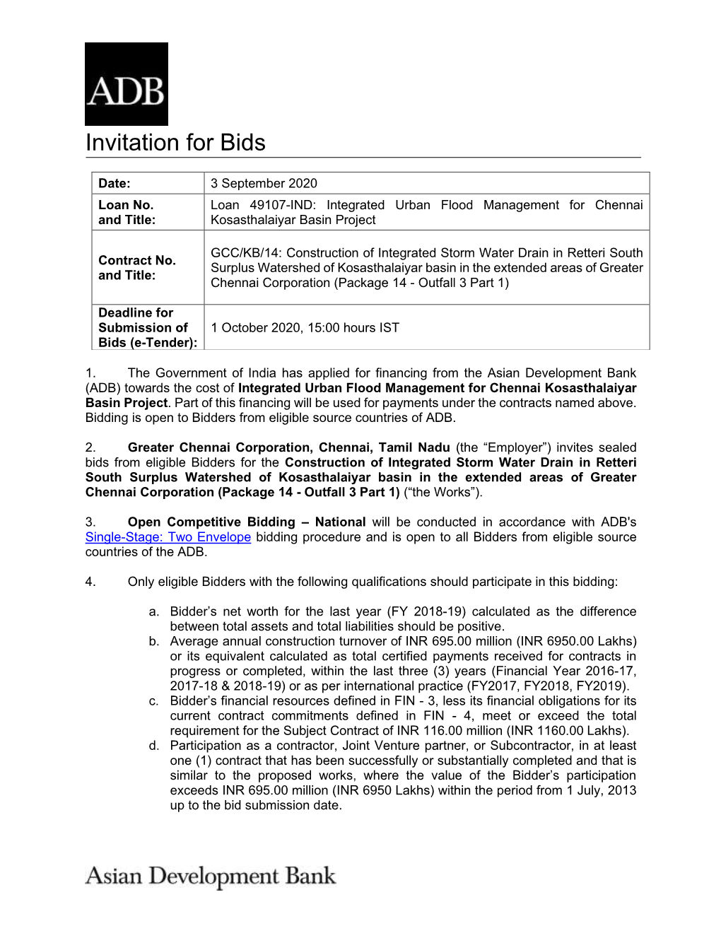 Integrated Urban Flood Management for Chennai and Title: Kosasthalaiyar Basin Project