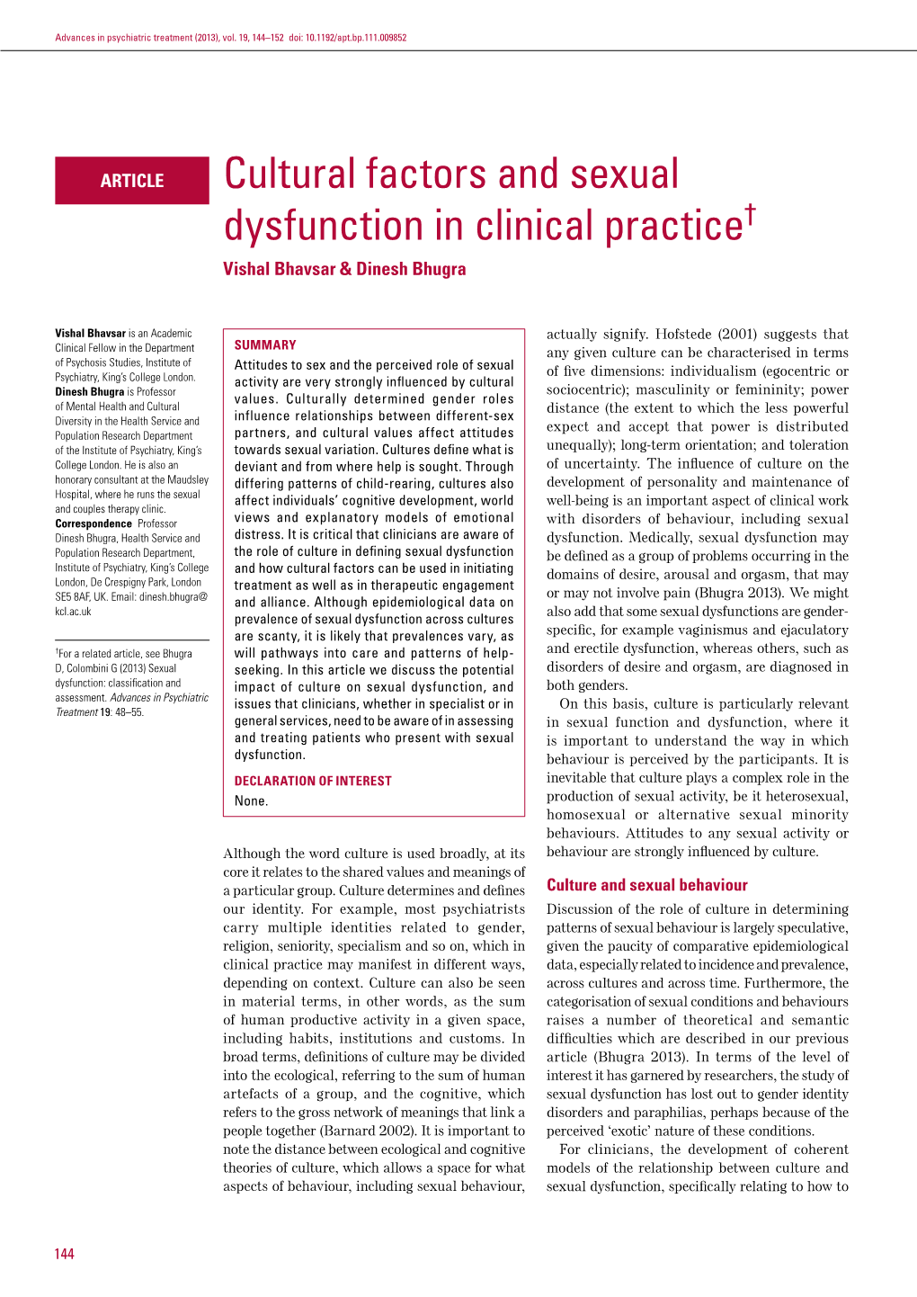 Cultural Factors and Sexual Dysfunction in Clinical Practice† Vishal Bhavsar & Dinesh Bhugra