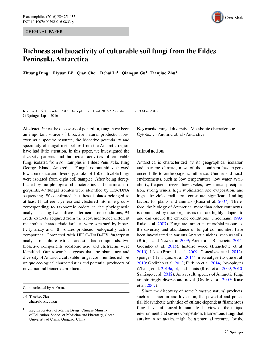 Richness and Bioactivity of Culturable Soil Fungi from the Fildes Peninsula, Antarctica