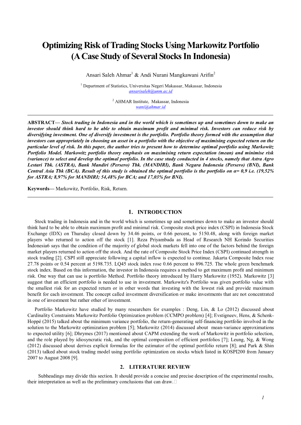 Optimizing Risk of Trading Stocks Using Markowitz Portfolio (A Case Study of Several Stocks in Indonesia)