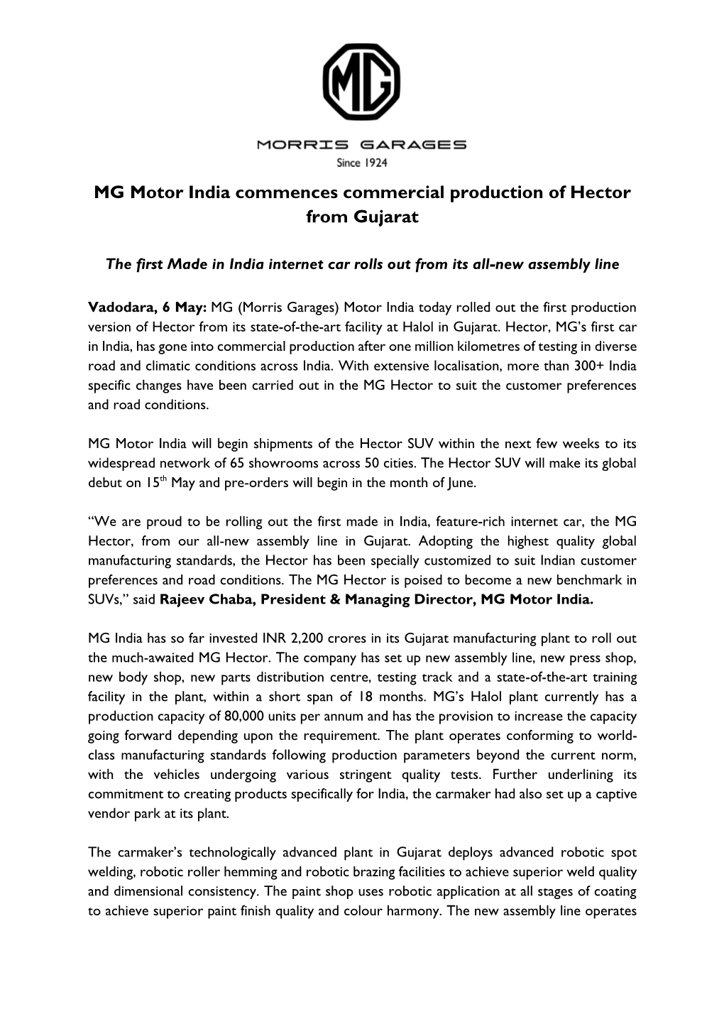 MG Motor India Commences Commercial Production of Hector from Gujarat