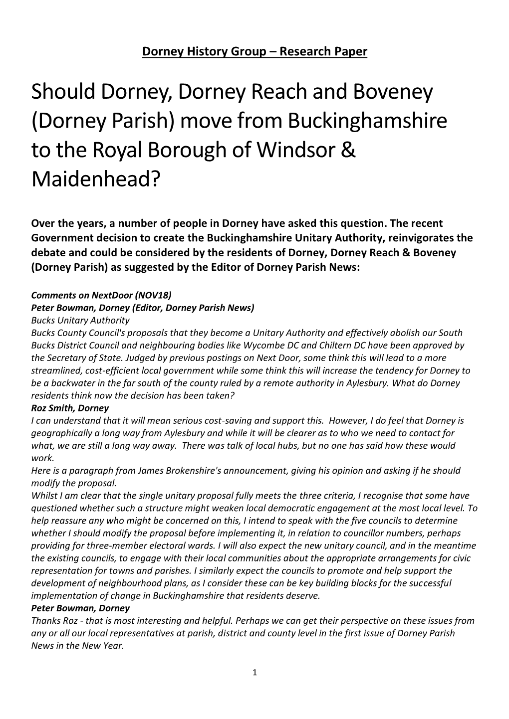 Should Dorney, Dorney Reach and Boveney (Dorney Parish) Move from Buckinghamshire to the Royal Borough of Windsor & Maidenhead?