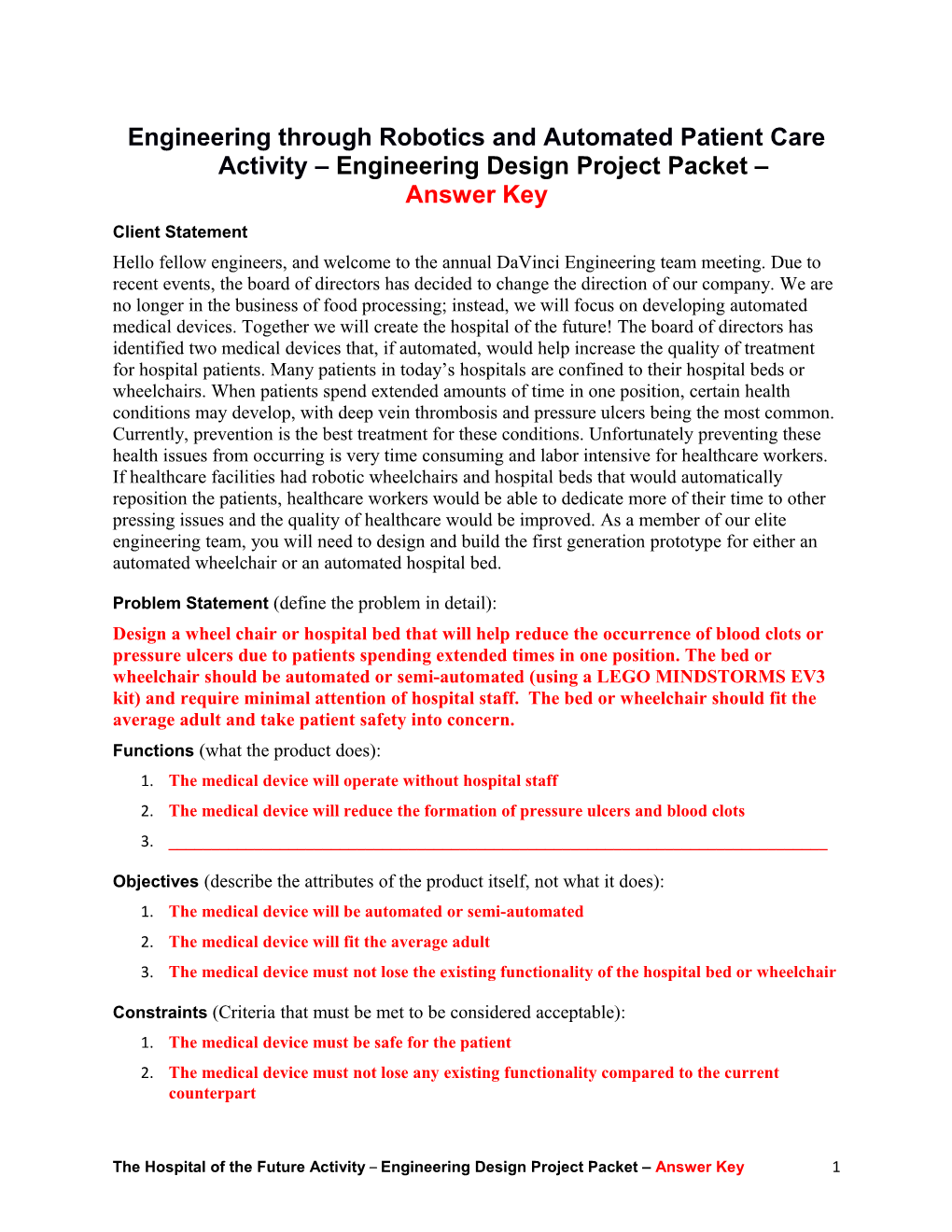 Engineering Through Robotics and Automated Patient Care Activity Engineering Design Project