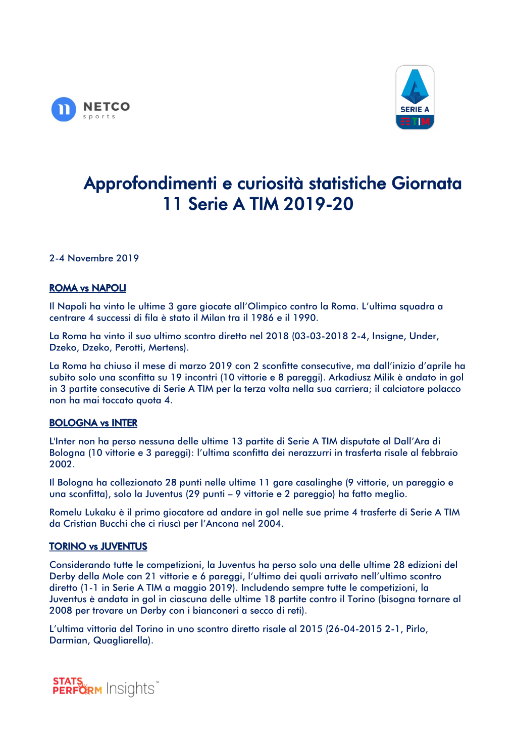 Approfondimenti E Curiosità Statistiche Giornata 11 Serie a TIM 2019-20