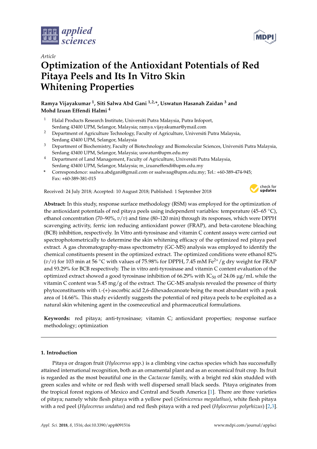 Optimization of the Antioxidant Potentials of Red Pitaya Peels and Its in Vitro Skin Whitening Properties