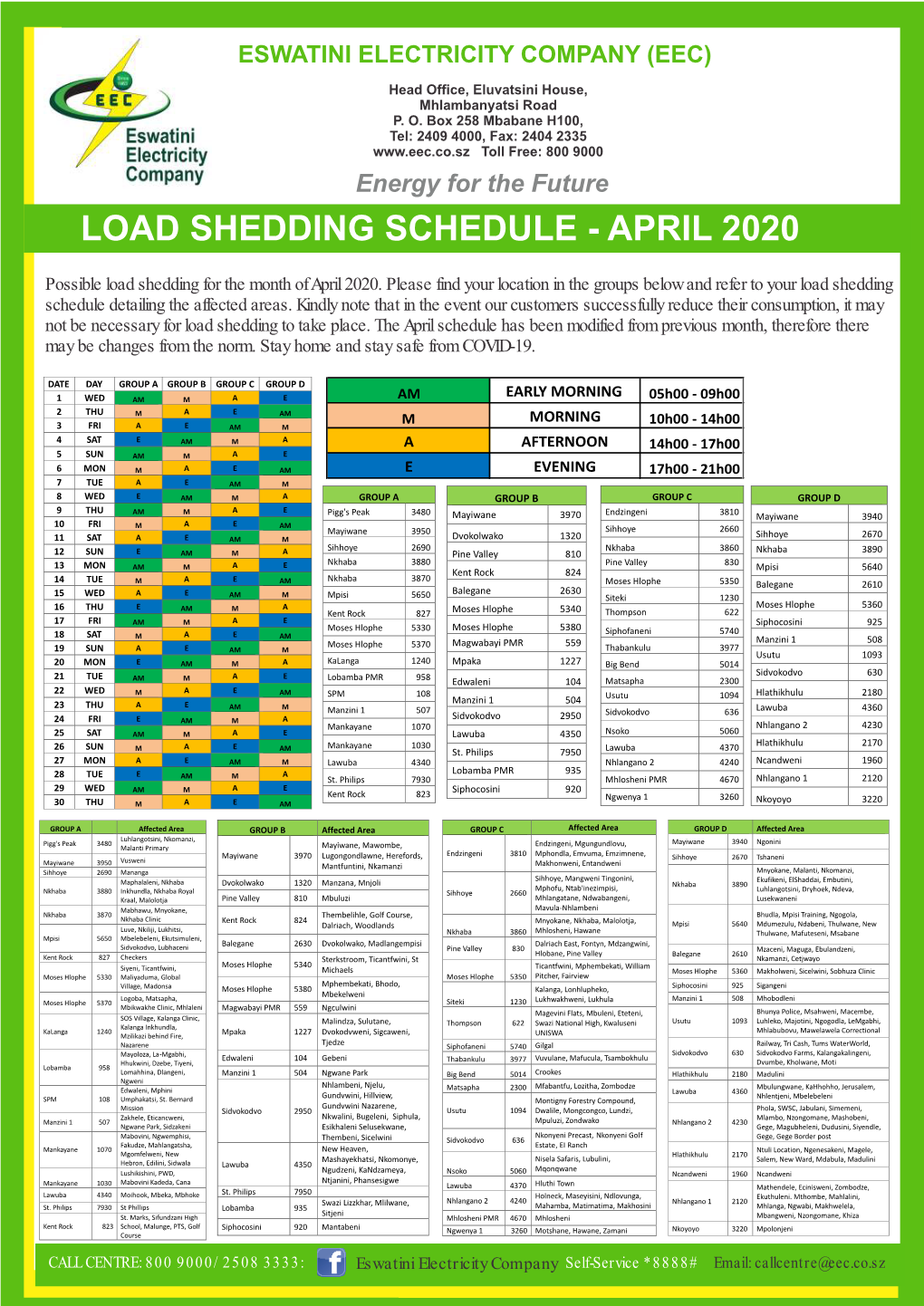 Load Shedding Schedule - April 2020
