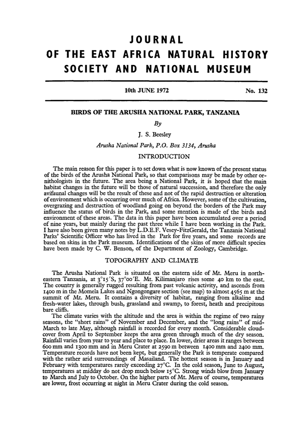 Journal of the East Afri Ca Natural History Society