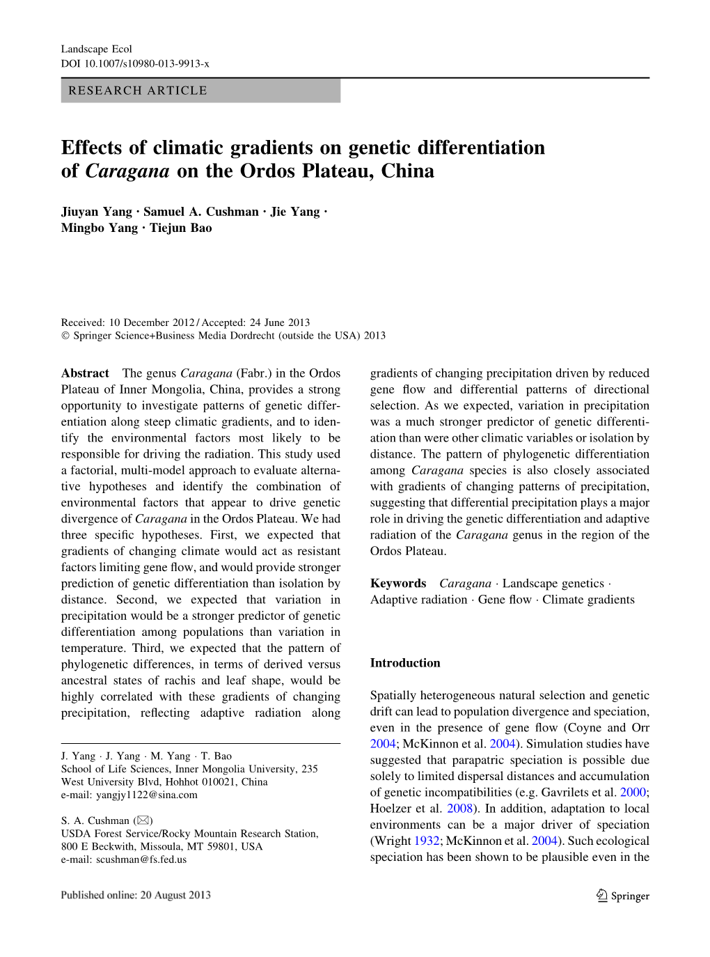 Effects of Climatic Gradients on Genetic Differentiation of Caragana on the Ordos Plateau, China