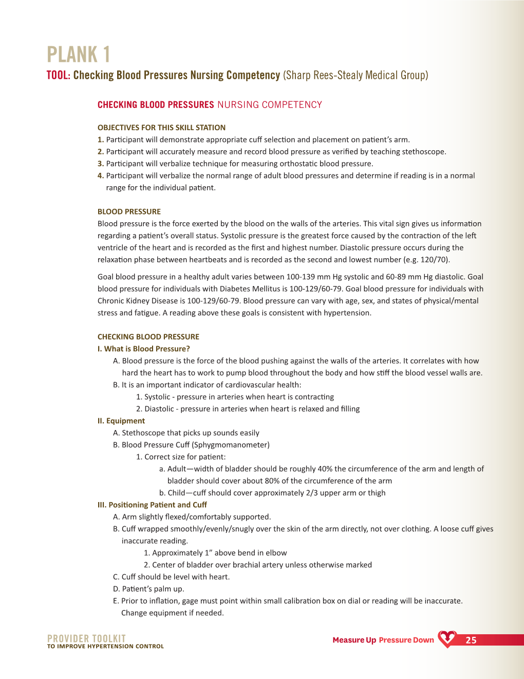 Plank 1 Tool: Checking Blood Pressures Nursing Competency (Sharp Rees-Stealy Medical Group)