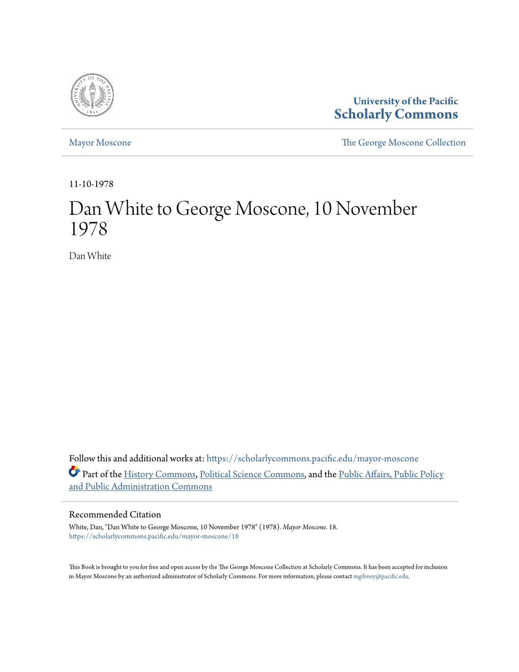 Dan White to George Moscone, 10 November 1978 Dan White