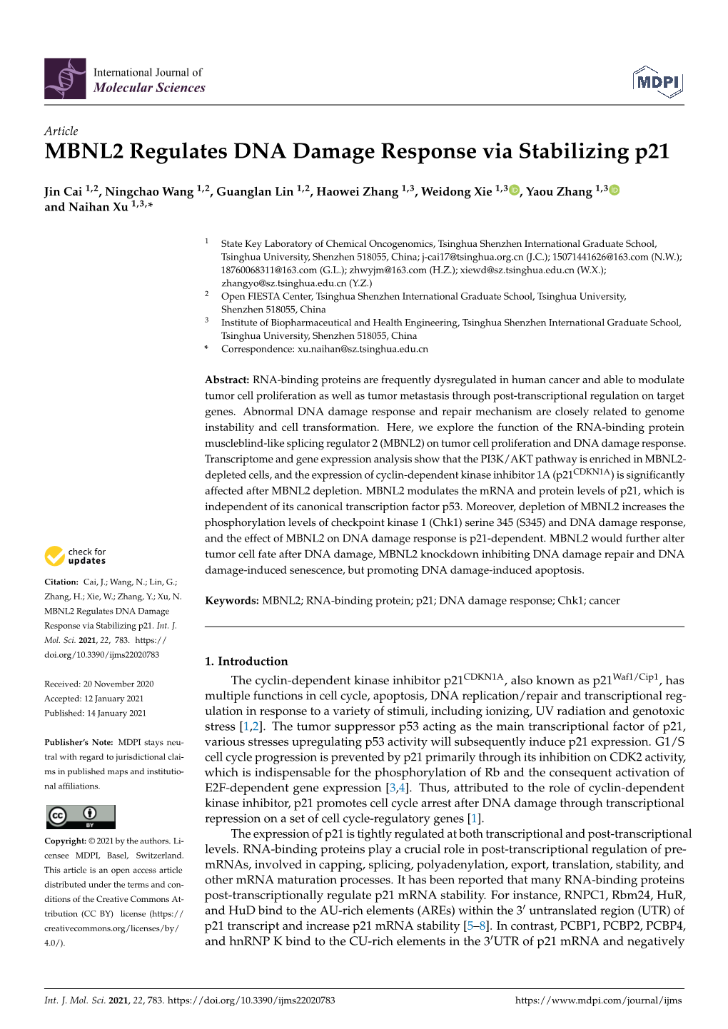 MBNL2 Regulates DNA Damage Response Via Stabilizing P21