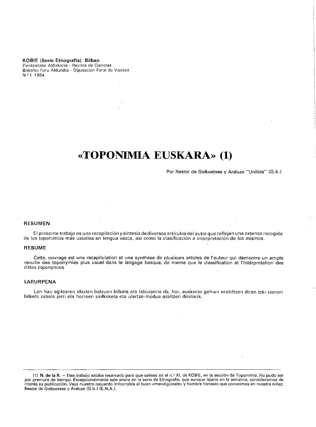 Toponimia Euskara» (1)