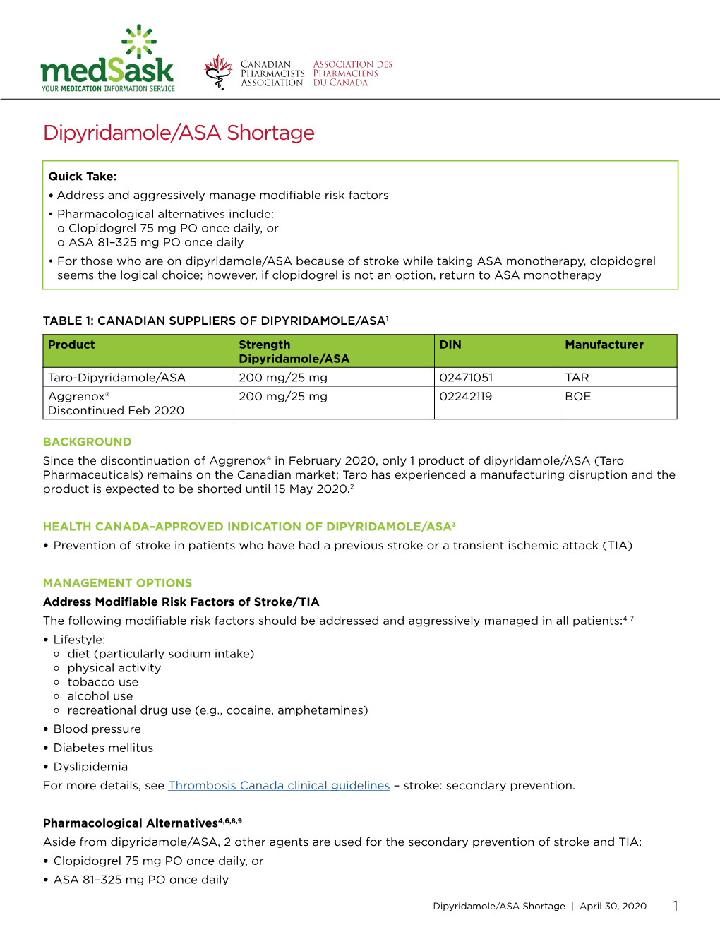 Dipyridamole/ASA Shortage