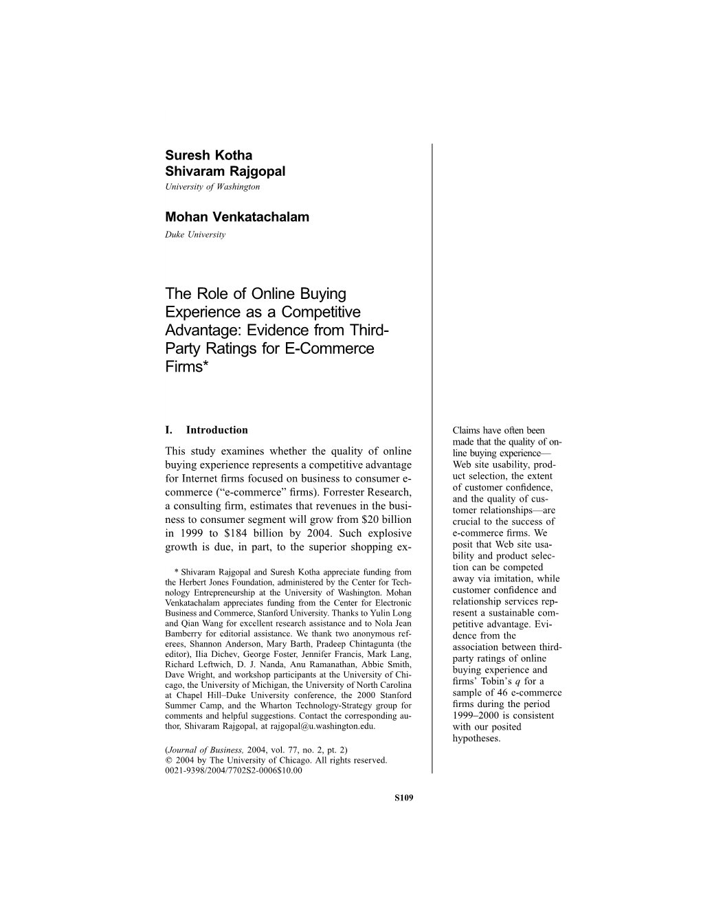 The Role of Online Buying Experience As a Competitive Advantage: Evidence from Third- Party Ratings for E-Commerce Firms*