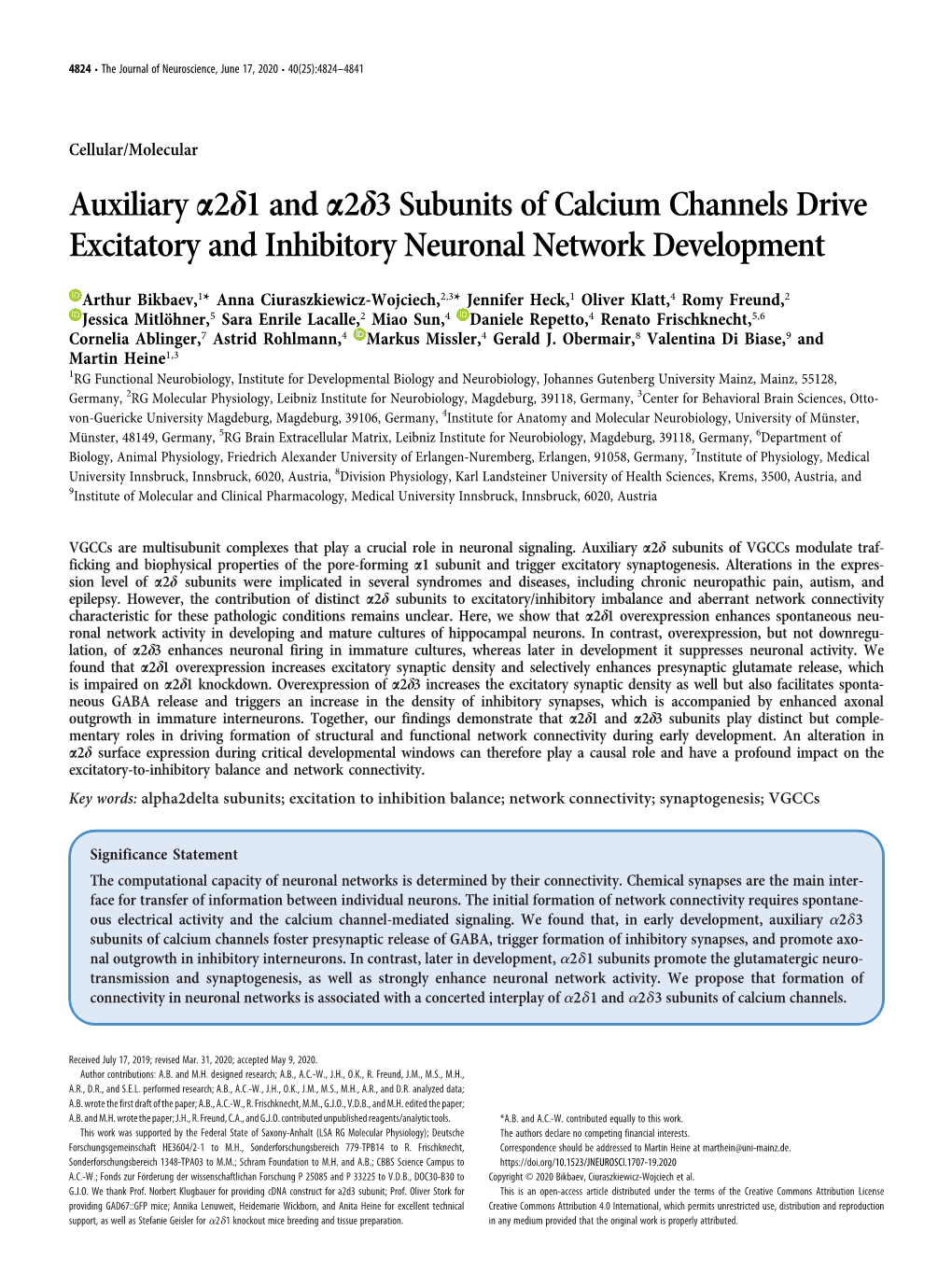 Auxiliary A2d1 and A2d3 Subunits of Calcium Channels Drive Excitatory