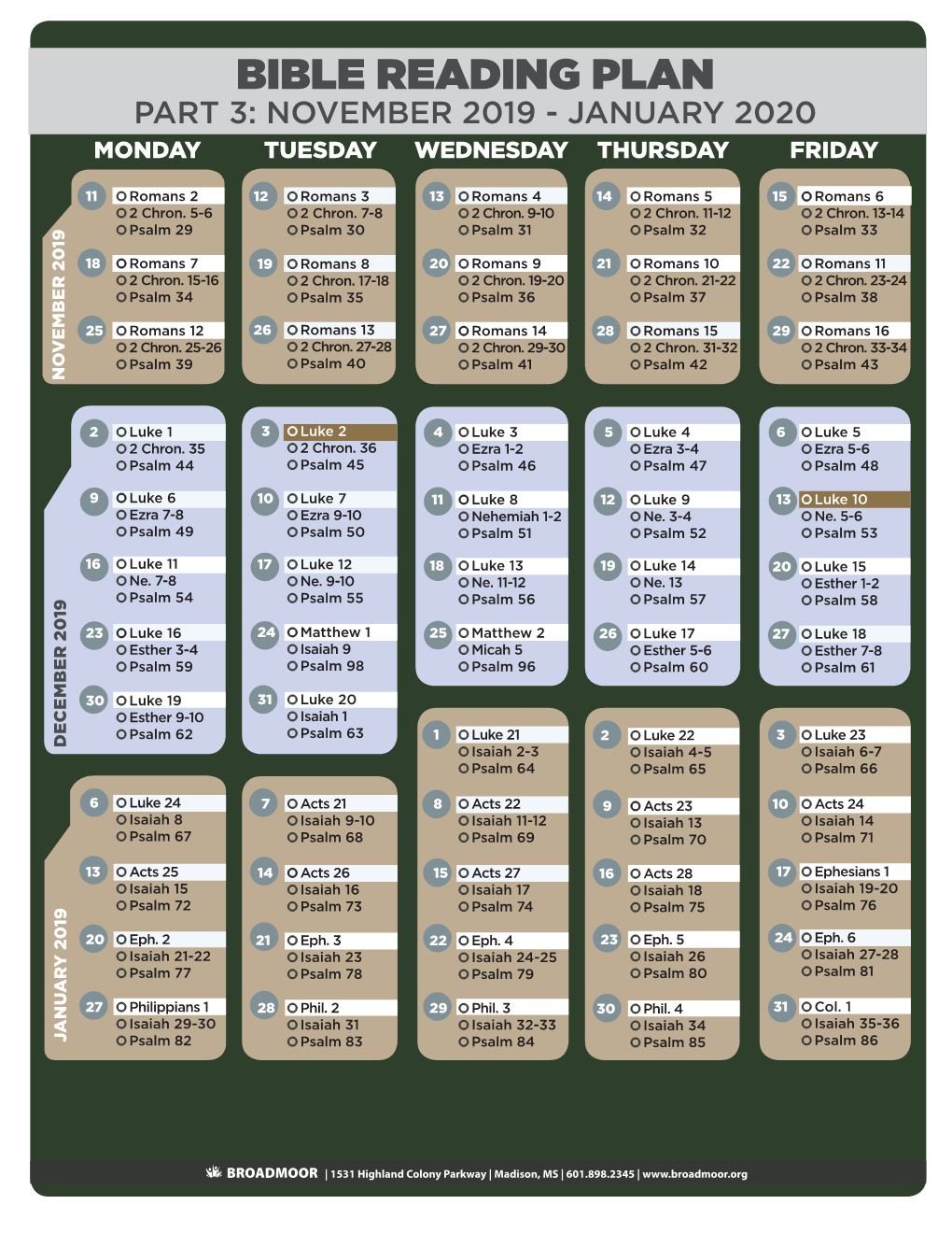 Bible Reading Plan Part 3: November 2019 - January 2020 Monday Tuesday Wednesday Thursday Friday