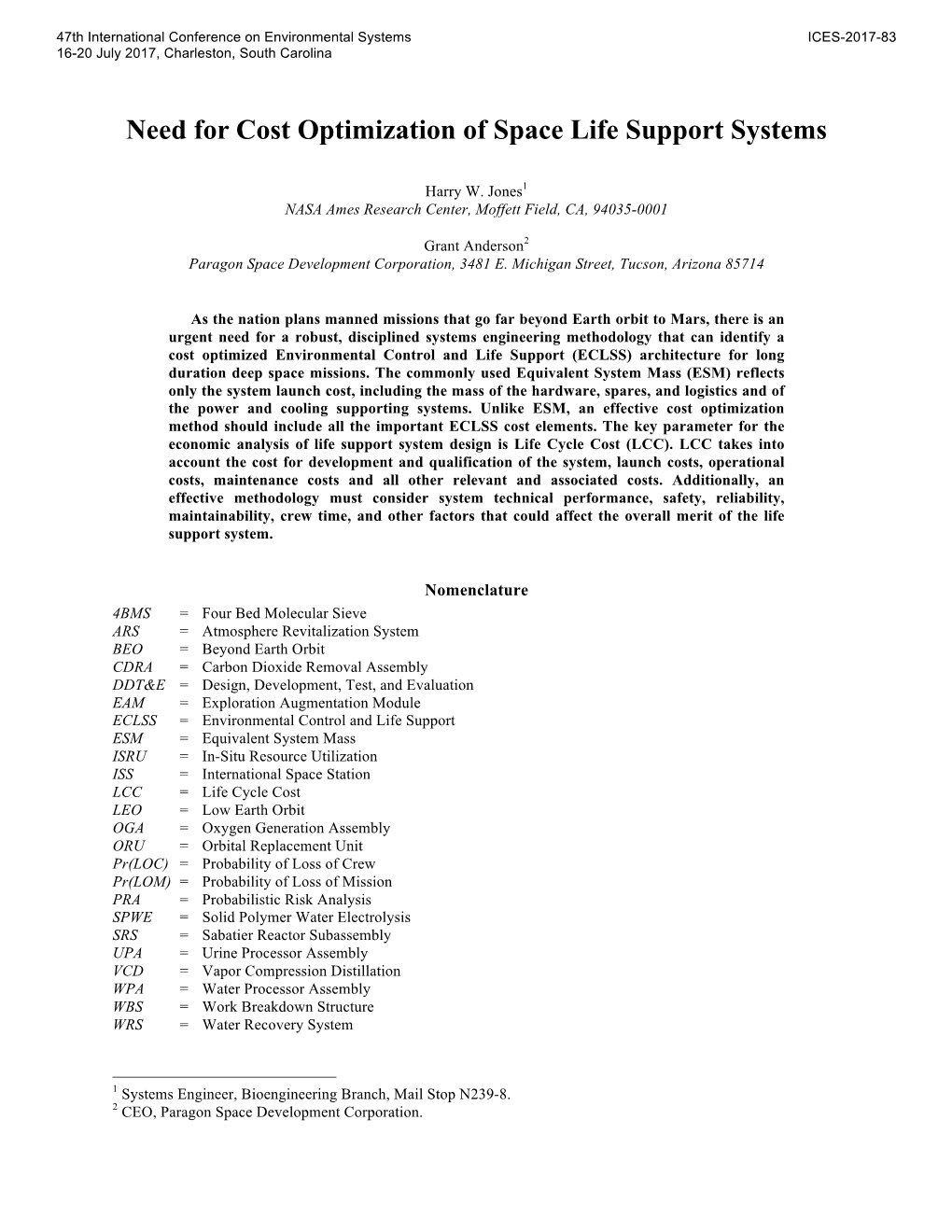 Need for Cost Optimization of Space Life Support Systems