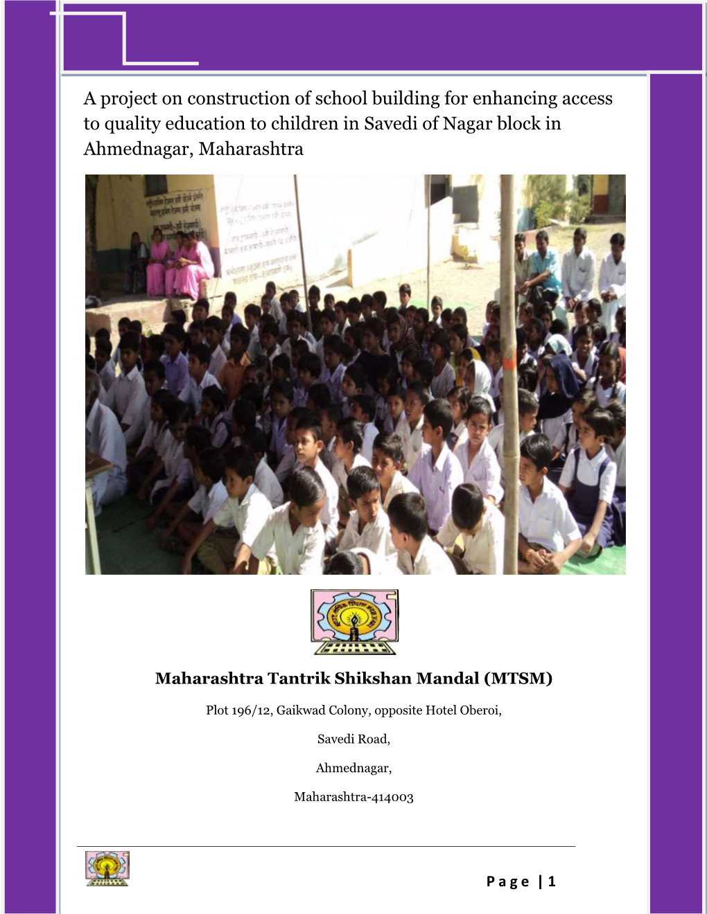 A Project on Construction of School Building for Enhancing Access to Quality Education to Children in Savedi of Nagar Block in Ahmednagar, Maharashtra
