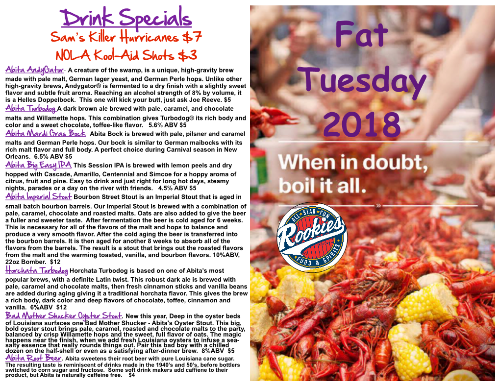 Fat Tuesday Menu 2018