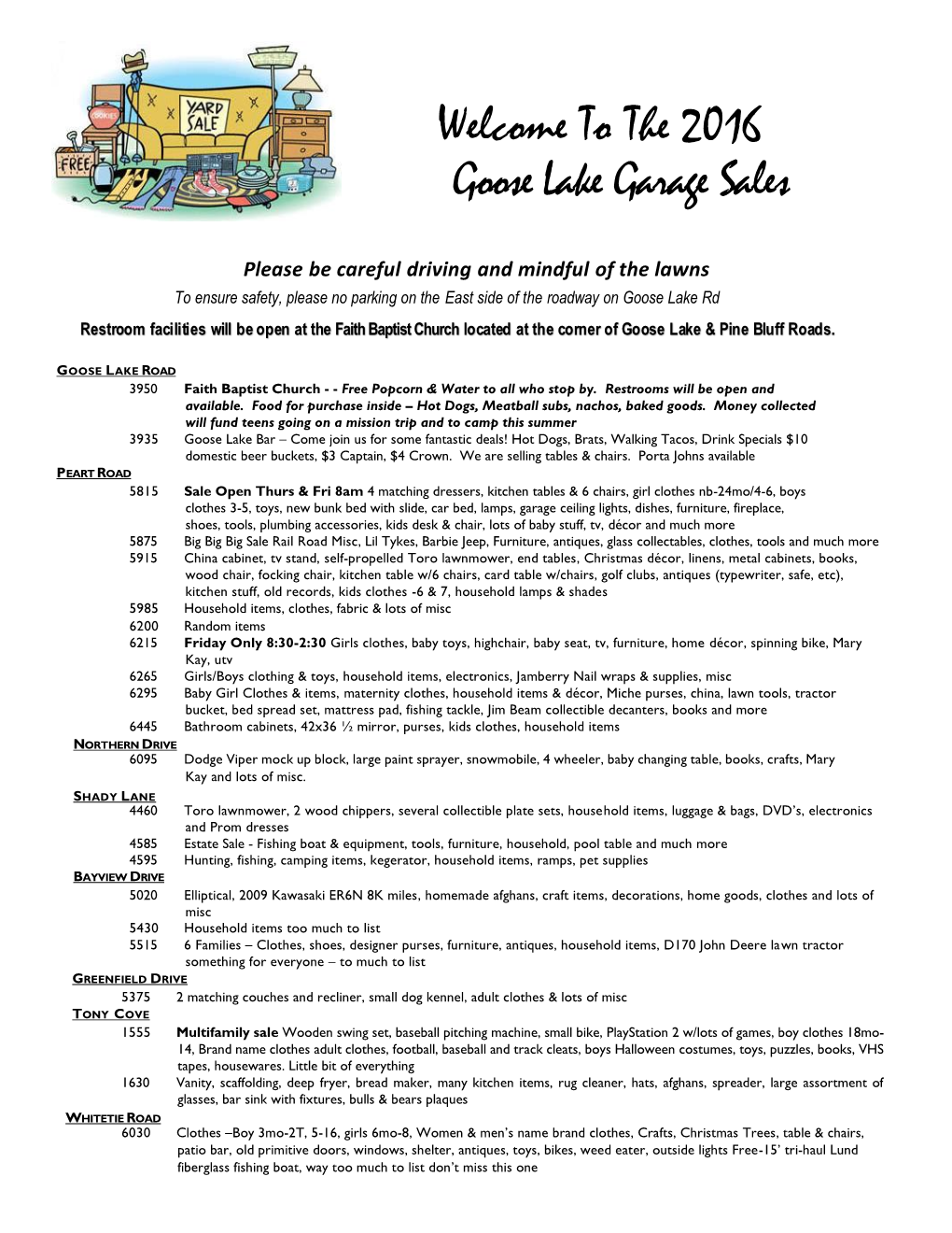 Welcome to the 2016 Goose Lake Garage Sales