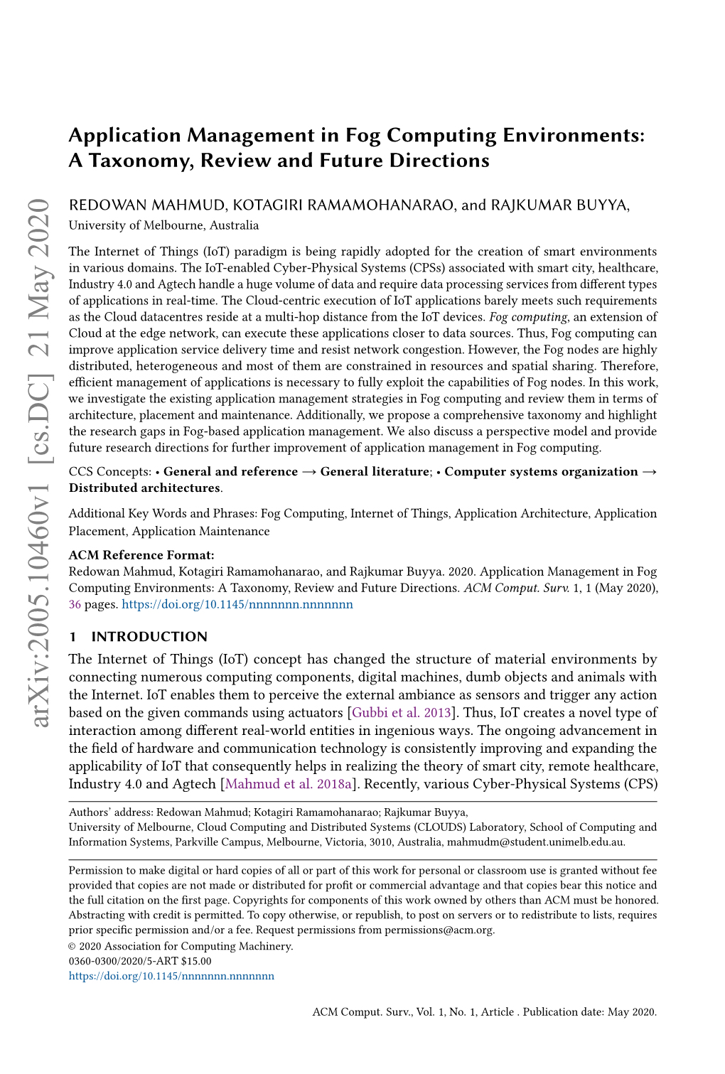 Application Management in Fog Computing Environments: a Taxonomy, Review and Future Directions